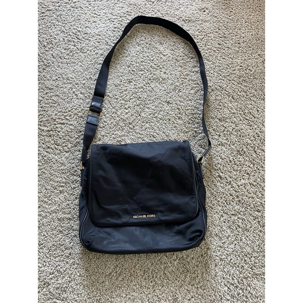 Michael Kors Nylon Flap Messenger Bag Crossbody Purse Black MK Logo Adjustable